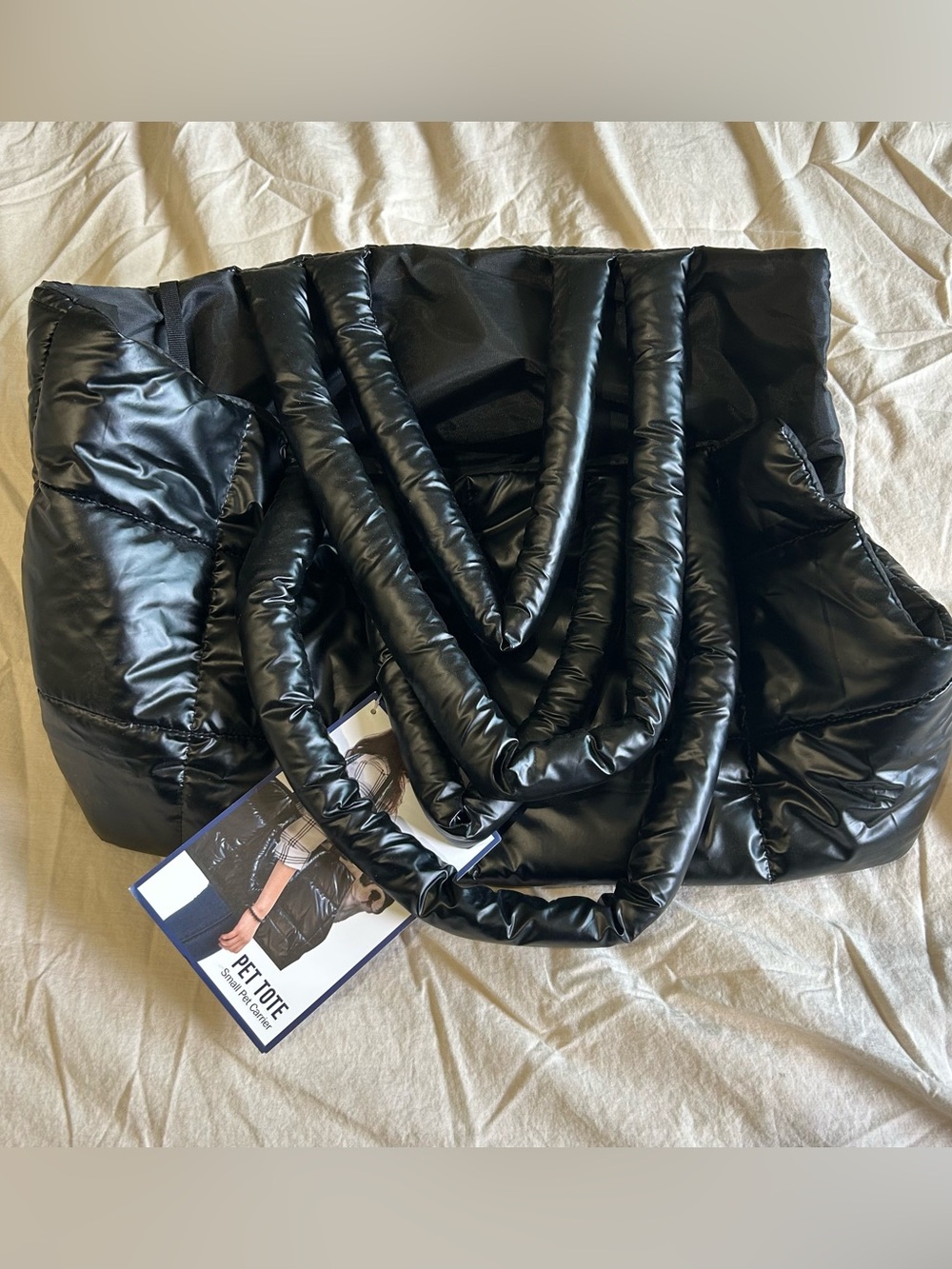 Glossy Black Quilted Puffer Pet Tote Bag
